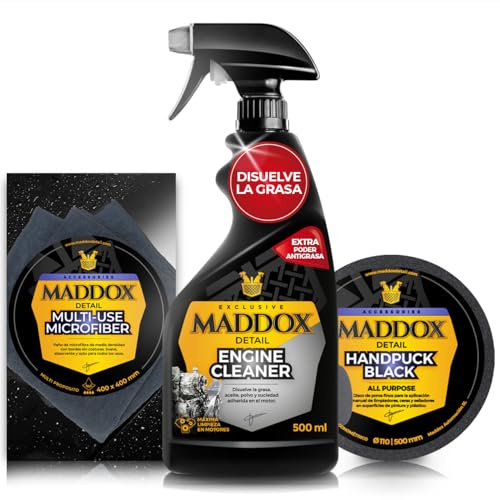 Maddox Detail - Fortschrittliches Reinigungsset für Fahrzeuge, Motorreiniger, Handpuck Black und Mehrzweck-Mikrofaser | Motorreiniger, Mehrzweckschwamm und Mikrofasertuch