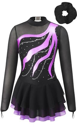 Yruioon Mädchen Eiskunstlauf Kleid Langarm Schwarz Ballettkleid mit Haarband Tanzkleid Glitzer Eislaufkleid Rollschuhkleid Wettbewerb Tanzkostüm Lila 146-152