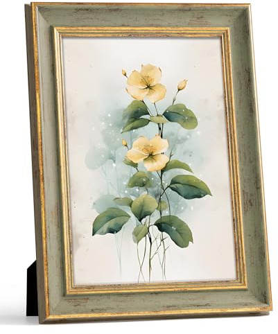 Afuly Cadre photo A4 vintage antique Elagent vert doré 21 x 29,7 cm Cadre mural avec passe-partout pour décoration de maison, bureau, cadeaux pour maman, grand-mère, femme, famille, amis