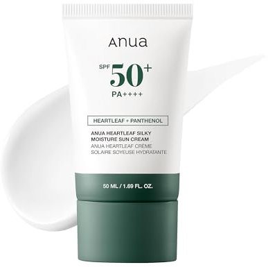 ANUA Heartleaf Silky Moisture Sun Cream SPF 50 PA++++, Korean Sunscreen for Face, Korean Skincare, Korean Makeup Base, Niacinamide, Fragrance Free, Travel Essentials, No White Cast, 50ml /1.69fl.oz