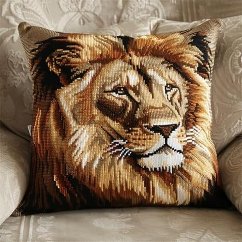 Kitquiver Knüpfhaken Set Kissen Löwe Tier Häkel-Handarbeiten Mit Knüpfwerkzeug Für Erwachsene,Diy-Kissen-Sets Für Heimdekoration B 17x17In