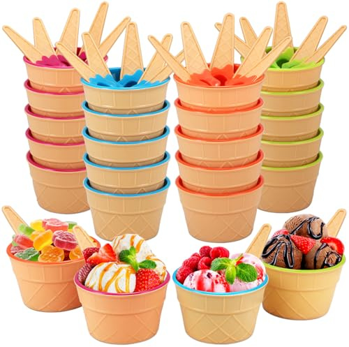 Tellshun 24 Pack Ice Cream Bowls and Spoons Set, Frozen Yogurt Cups with Spoons Durable Plastic Candy Color Cute Dessert Bowls DIY Ice Cream Tools For Festive Party Favor Gift (24)