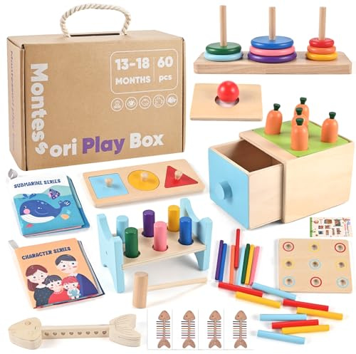 Wooderma Toddler Sensory Toys, 6 in 1 Montessori Stacking & Sorting & Plugging Toy for 1+ Year Olds, Wooden Fine Motor Skills Toys, Learning Educational Toys for Travel, Autism, 1st Birthday Gifts