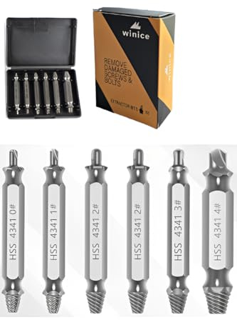 WINICE Damaged Screw Extractor Set – 6 PCS Stripped Screw Remover Kit | High Speed Steel Drill Bits for Broken, Rusted, or Stripped Screws, Bolts & Nuts | Easy Removal Tool (HSS)