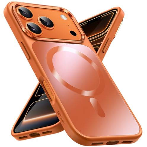 JETech Magnetische Hülle für iPhone 17 Pro 6,3 Zoll Kompatibel mit MagSafe, Luxus Metallglanz Matt Rückseite Dünn Stoßfest Elektroplattiert Handyhülle (Orange)