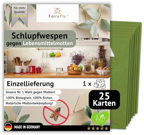 FairyFly Schlupfwespen Gegen Lebensmittelmotten – Chemiefreie & biologische Mottenbekämpfung mit Trichogramma | Nützlinge für Küche, Vorrat, Speisekammer & Lager (25 Karte x Einzellieferung)