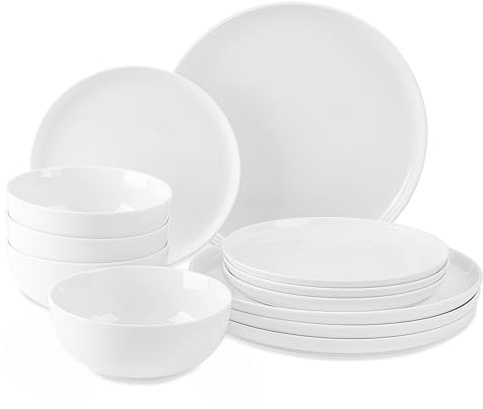 WishDeco Plates and Bowls Sets, 12 Pieces Dinnerware Sets, Ceramic Dishes Set for 4, White Kitchen Dishware Set, Microwave and Dishwasher Safe