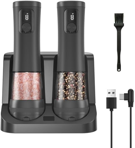 Electric Salt and Pepper Grinder Set, 2 Pack Rechargeable Automatic Pepper Mill, with Charging Base,5-Level, Display, LED Lighting,Large Capacity, Kitchen Gifts (2, Black, USB Charging Base)