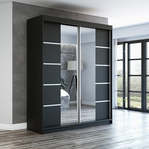 A&J MöbelLand Schwebetürenschrank ERA Kleiderschrank 2-türig mit Spiegel, Garderobe 160 cm (Schwarz/Schwarz/Schwarz)
