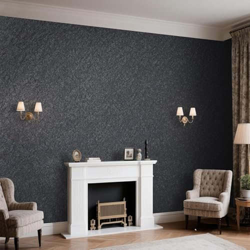 Pamatio Plain Silk Pattern Textured Wallpaper Black Contemporary Nordic Luxury for Bedroom, Living Room Hallway Study Adults - Matt Dark Grey Irregular Crack-Like Surface - 1 Roll(0.53 × 9.5 metres)