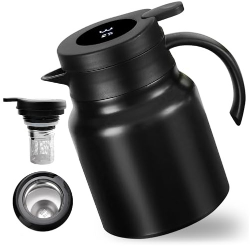 Termoskanna, 1 l termoskanna med tesil, kaffekanna med temperaturdisplay, 316 rostfritt stål tekanna termo, isolerad kaffekanna för kaffe, varmt vatten, te, varma drycker, svart