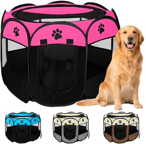 JUPPLIES Parque para Perros Plegable 114x114x58 cm – Corralito Portátil de Tela Oxford Impermeable para Mascotas Grandes - Ideal para Viajes, Juegos o Descanso en Casa y Exterior – Rosa