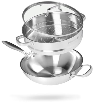 Reishunger Unbeschichteter Edelstahl Wok mit Dämpfeinsatz – 30 cm Durchmesser – mit ofenfestem Deckel – Für alle Herdtypen geeignet