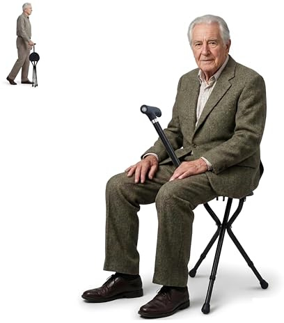 Walking Stick with Seat, Adjustable Folding Walking Cane with LED Light, Non-slip Rubber Base, Lightweight Portable Shooting Stick with Seat for Travel, Hiking & Seniors (Black)