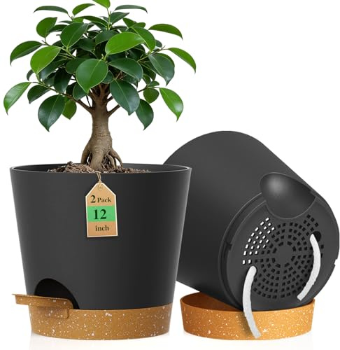 WSMKSZ 30 cm Large Self Watering Plant Pots Indoor Outdoor, 2 Pack 12 inch Thick Plastic Flower Pots with Drainage Holes & Deep Reservoirs, Planters with Cotton Wicks for House Plants, Black Brown
