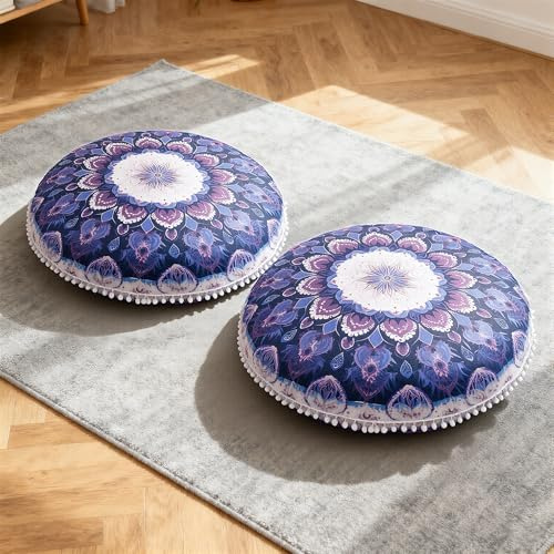 DAWNYIELD Set med 2 Runda Meditationskuddar, Ergonomisk Golvkudde med Avtagbar och Tvättbar Fodral, 80 cm Stor Yogakudde med Pomponaccenter, För In- och Utomhusbruk, Lila