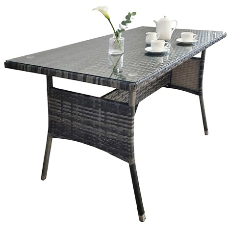 Relaxdays Gartentisch, HBT: 70 x 100 x 60 cm, wetterfest, Polyrattan, Glasplatte, eckiger Esstisch Garten & Balkon, grau
