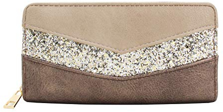 CRAZYCHIC - Damen Pailletten Streifen Geldbörse - Frauen Große Brieftasche Gestreift PU Leder - Lange Portemonnaie Mehrfarbige Bunte Geldbeutel - Viele Fächer Kartenhalter Mode Elegante - Braun