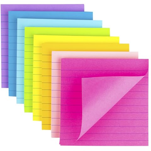 (8 Pack) Lined Sticky Notes 4x4 Bright Stickies Colorful Super Sticking Power Memo Pads, 8 Colors, Strong Adhesive