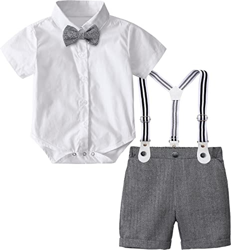 mintgreen Baby Junge Anzüge Ostern Outfit Gentleman Kurzärmeliges Hemd Hose Satz mit Fliege Hosenträger, Dunkel Grau, 3-6 Monate, 60
