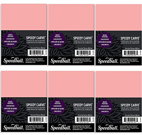 Speedball 3 in. x 4 in. Speedy-Carve Linocut Block (6-Pack) - Premium Pink Rubber Linoleum Carving Blocks for Printmaking, Printing, and Stamp Making