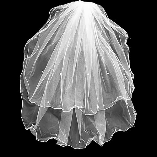 Wambere Doppellagiger Brautschleier mit Perlen,Schleier Kurz Brautschleier Tüll Hochzeit Kurzer Schleier Satinkante mit Kamm Hochzeitskleid Accessoires Schleier für Hochzeiten,Nicht-gerade Weiss