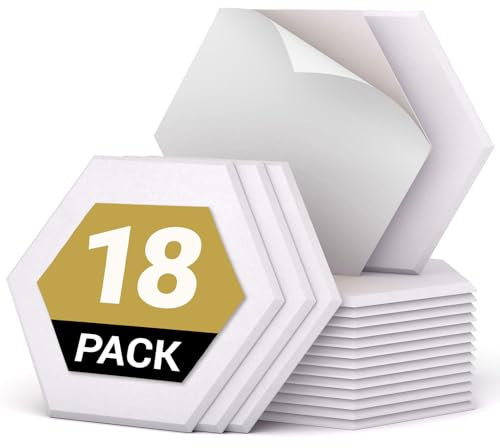 18 Pack Hexagon Acoustic Panels Self-adhesive, TONOR 12x10x0.4 High Density Sound Proofing Panels for Walls, Sound Deadening Insulation Treatment Sound Absorbing for Studio, Office, Home, White