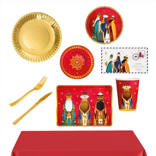Kit Vajilla de cartón Desechable con decoración y temática navideña con diseño de Reyes Magos para 12 personas – Pack para 12 personas. Decoración Mesa Navidad Reyes Magos.
