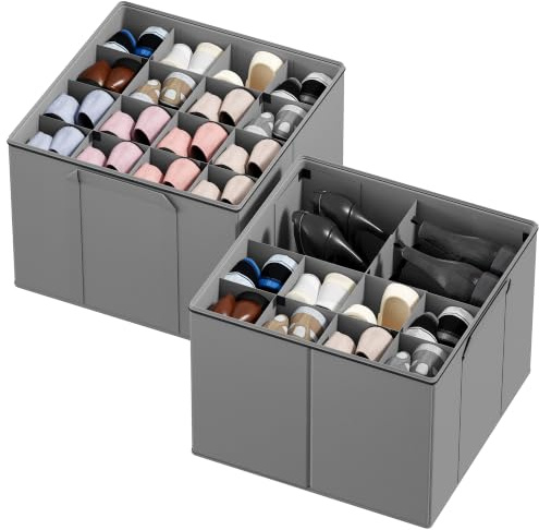 SpaceAid Shoe Organizer for Closet, 2 Pack Foldable Shoe Storage Containers Baskets Boxes Bins w/Adjustable Dividers, Fits 16-32 Pairs, Grey