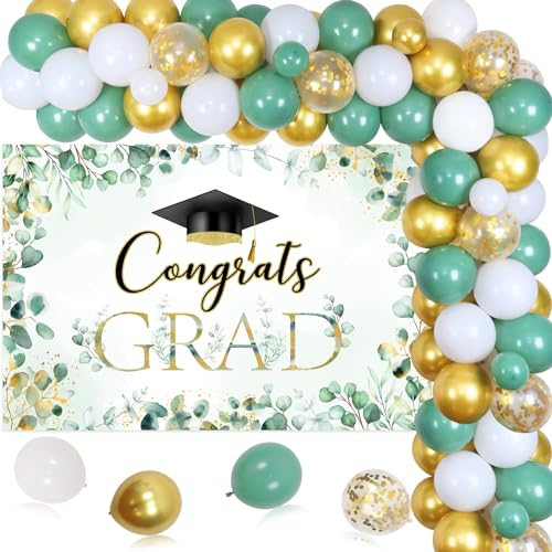 Greenery Graduation Decorations 2024 – Salbeigrün und Gold Ballongirlande Bogen Kit mit Congrats Grad Hintergrund für Universität College Senior High School Klasse 2024 Graduation Party Supplies
