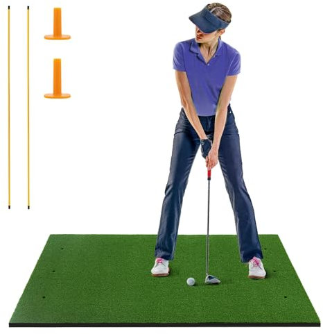 COSTWAY Golf Hitting Mat, 5 x 3 FT/5 x 4 FT Artificial Turf Mat with 2 Rubber Tees and 2 Alignment Sticks, Golf Training Mat for Home Backyard Garage (152 x 92 cm,20mm thick)