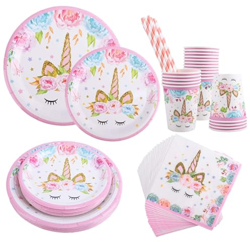 Aitsite Juego de 100 platos de fiesta de unicornio rosa, platos de fiesta de cumpleaños para 20 invitados, unicornio de cumpleaños, vajilla de decoración para fiestas de cumpleaños