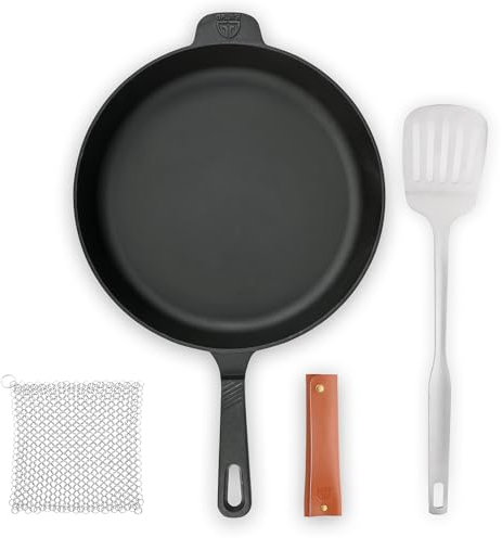 GRÄWE CI 350 Padella in ghisa Ø 32 cm, padella in ghisa, set di padelle con spatola, protezione del manico (vera pelle), detergente per anelli, padella per induzione e barbecue