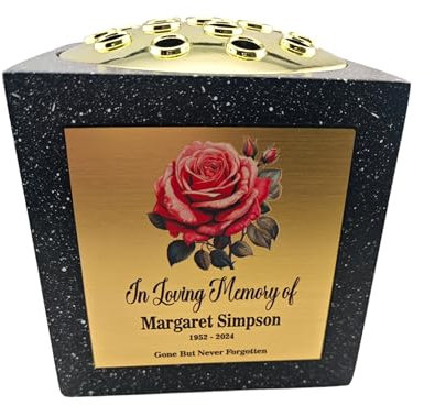 [Custom] Personalised Printed Black Stone Effect Memorial Rose Bowl Grave Marker Flower Pot Vase With Rose Design (UV PRINTED) (Gold Plate)