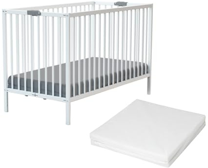 Webaby - Klappbares Babybett Holz 60x120 cm mit Matratze Weiß Flex |Faltbares Kinderbett |Kompakt | Transportierbar | Zusammenklappbar |Platzsparend