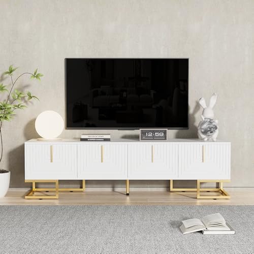 Soweiz TV-Schrank, lowboard mit strukturierten Türen, TV-Möbel mit Schubladen, offenen Fächern, goldenen Griffen und goldenen Füßen (Weiß und Gold, 170x40x45.5cm)