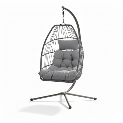 Home Republic Foldable Hanging Egg Chair with Stand – Rattan Swing Chair with Waterproof Cushion – Indoor/Outdoor Garden Patio Use Hammock Pod (Miami Charcoal, One Seater)