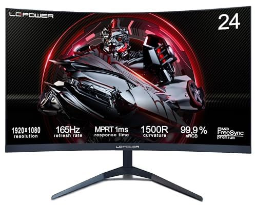 LC-Power Monitor Gaming Curvo 24 Pollici, FHD 1920x1080, VA Schermo, 1ms, 165Hz, 1500R, HDR, Adaptive-Sync, Inclinazione Regolabile, HDMI 2.0/DP 1.4, VESA 100x100mm per PC, laptop, PS5 e altro ancora