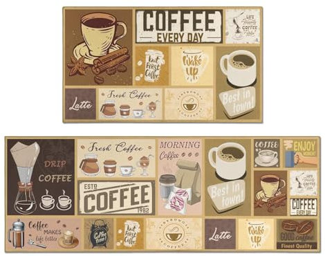 Kaffee-Küchenteppich-Set, 2er-Set, Vintage-Stil, waschbar, Anti-Ermüdung, Küchenläufer für Boden, rutschfest, bequem, stehend, Urlaubsdekor-Matte für Waschbecken, Wäsche, Büro, 43,2 x 119,4 cm + 43,2