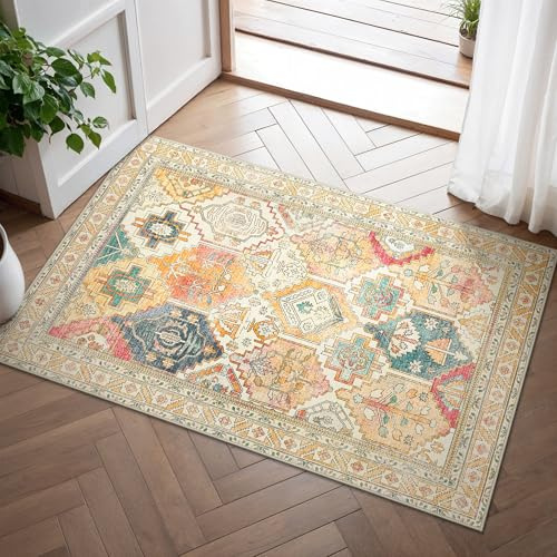 BEIMO Tapis Entrée Intérieur, Tapis de Porte Lavable, Tapis Salon Vintage, Tapis Chambre, Tapis Cuisine Dessous Antidérapant, Multicolore, 60x90cm