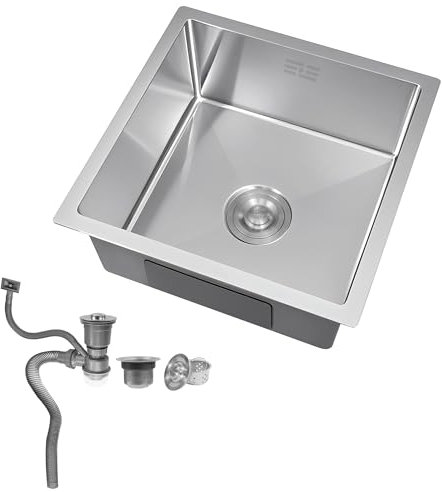 Fregadero de cocina de acero inoxidable 304, 38 x 38 cm, 1 lavabo, fregadero individual, con accesorios para lavar platos (plata)