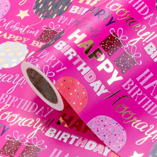 Ruspepa Födelsedagspapper – 43,2 cm x 5 m – guldfolie varmrosa födelsedagsdesign för flickor, baby shower, bröllop och mors dag
