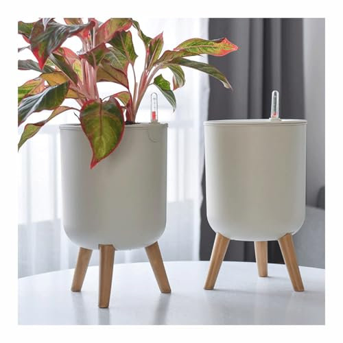 Yofab Pots de fleurs de 20,3 cm à auto-arrosage pour plantes d'intérieur et d'extérieur avec indicateur d'eau, pot de fleurs blanc à auto-arrosage avec support en bois, pot de fleurs sur pied à