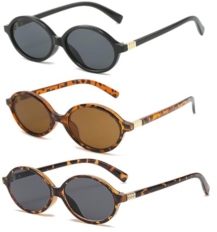 LJCZKA trendiga ovala solglasögon kvinnor män snygga små ovala runda glasögonbågar 90-tal retro design runda nyanser UV400, Svart grå + leopard brun + leopard grå