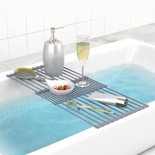 TapferBahn Plateau De Baignoire,Pont De Baignoire,Tablette Baignoire,Plateau De Bain Extensible,Silicone Plateau De Baignoire TéLescopique,Plateau De Bain AntidéRapant,Drainable,Gris