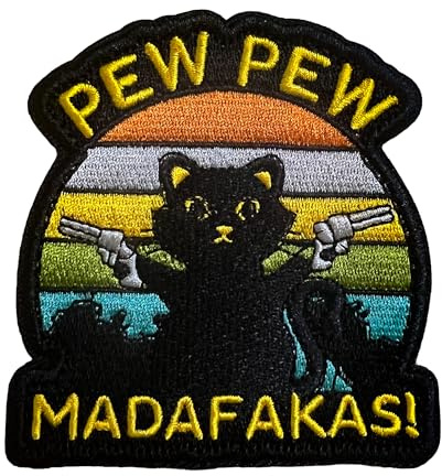 PEW PEW MADAFAKAS Schwarz Katze mit Pistole Aufnäher Moral Patches Klett Stickerei Taktische Klettverschluss Für Kleidung Rucksack Baseballkappe Uniform Weste Hundegeschirr, Regenbogen 2