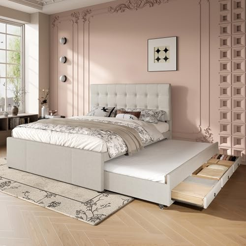 RIAZOS Polsterbett 140x200 cm, Doppelbett mit 3 Schubladen, Bettrahmen mit 90x190 Ausziehbares Bett, Verstellbares Kopfteil, Leinen, ohne Matratze, Beige
