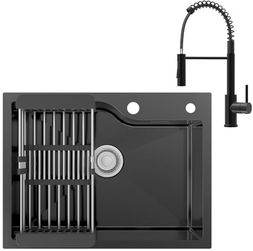 ANYCEE 60x45 cm Spüle Edelstahl mit Armatur, Spülbecken Schwarz inkl Abtropfkorb für ab 60cm, Küchenspüle Anthrazit Edelstahl inkl Siphon & Über und Ablauf