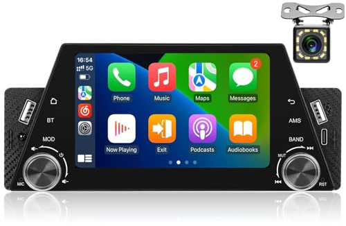 NHOPEEW Autoradio 1 Din con Wireless Carplay e Android Auto - Radio touchscreen da 5 pollici con manopola Supporto Mirror Link EQ FM Bluetooth + Telecamera di retromarcia con 12 LED