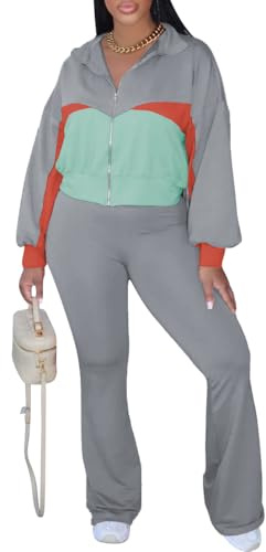 HBQ Womens Color Block Two Piece Tracksuit Sets Long Sleeve Zip Up Crop Jacket and Flare Pants Casual Y2K Outfit-Grey-XL